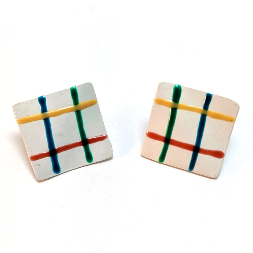 Vintage 80s Handmade Hashtag Square Earrings Abstract Geometric Quirky Colorful